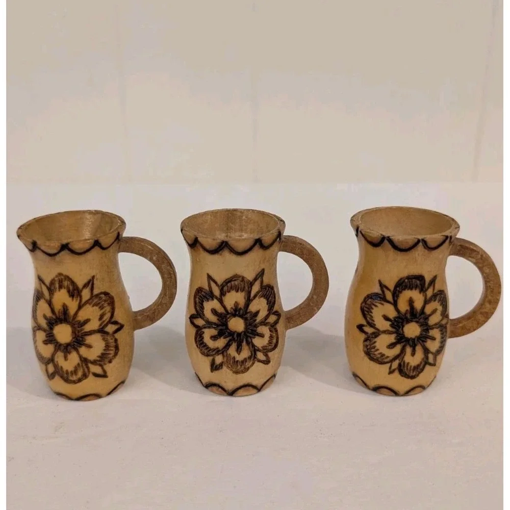 Hand Carved Vintage Wooden Cups Set Of 3 Miniature Wall Hanging Plaque Slovakia